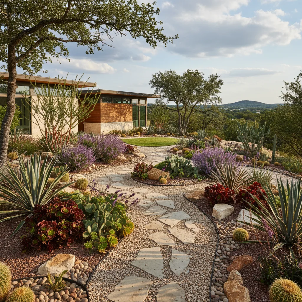 Beautiful xeriscaped garden in an Austin residential yard.