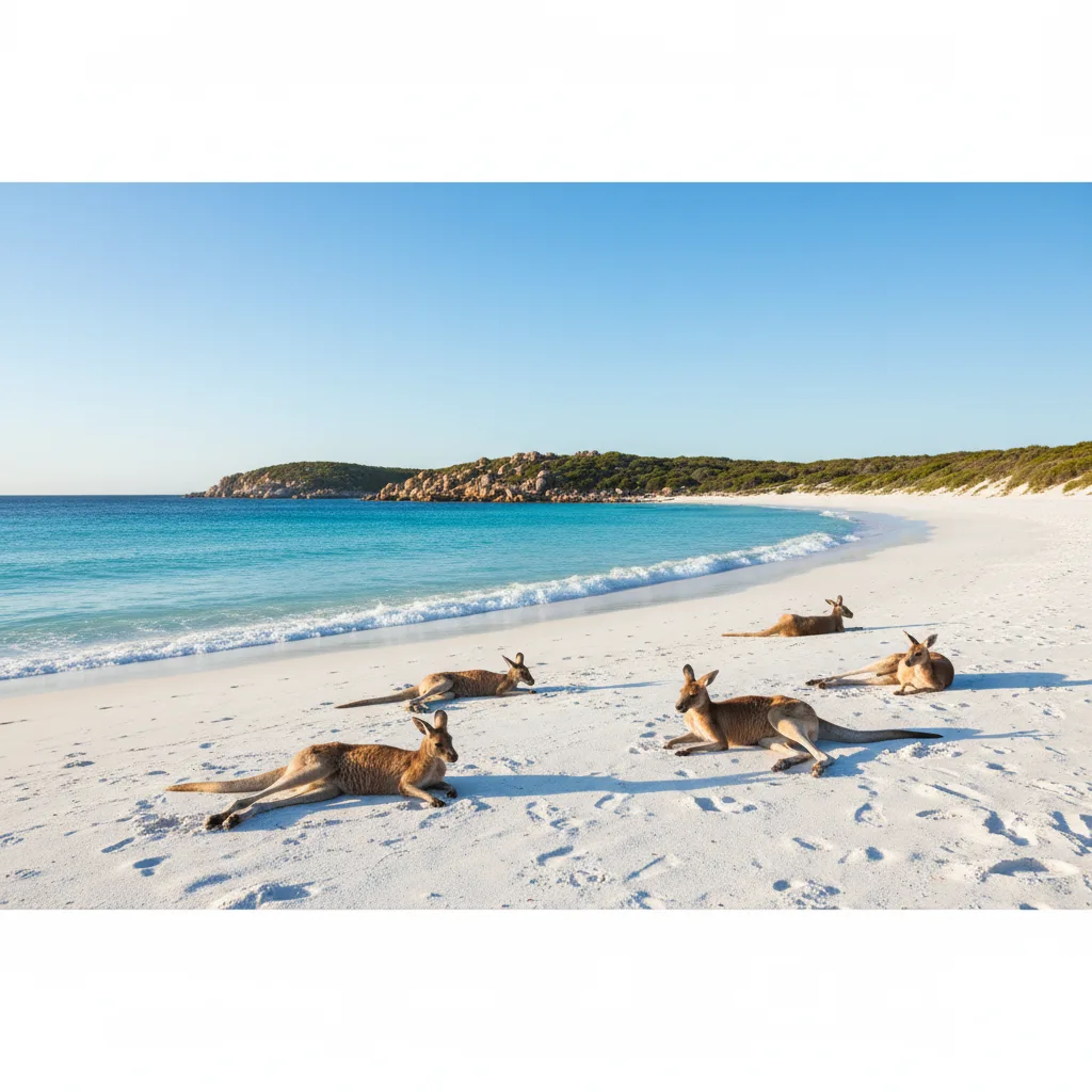Kangaroos relaxing on pristine white sand beach, turquoise ocean.