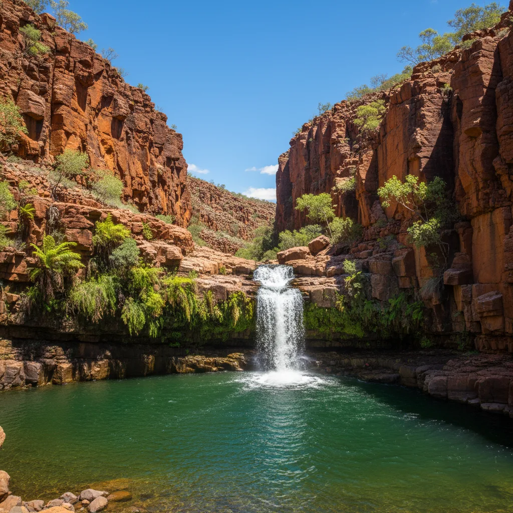 Deep rust-red gorge, emerald pool, cascading waterfall, Karijini.
