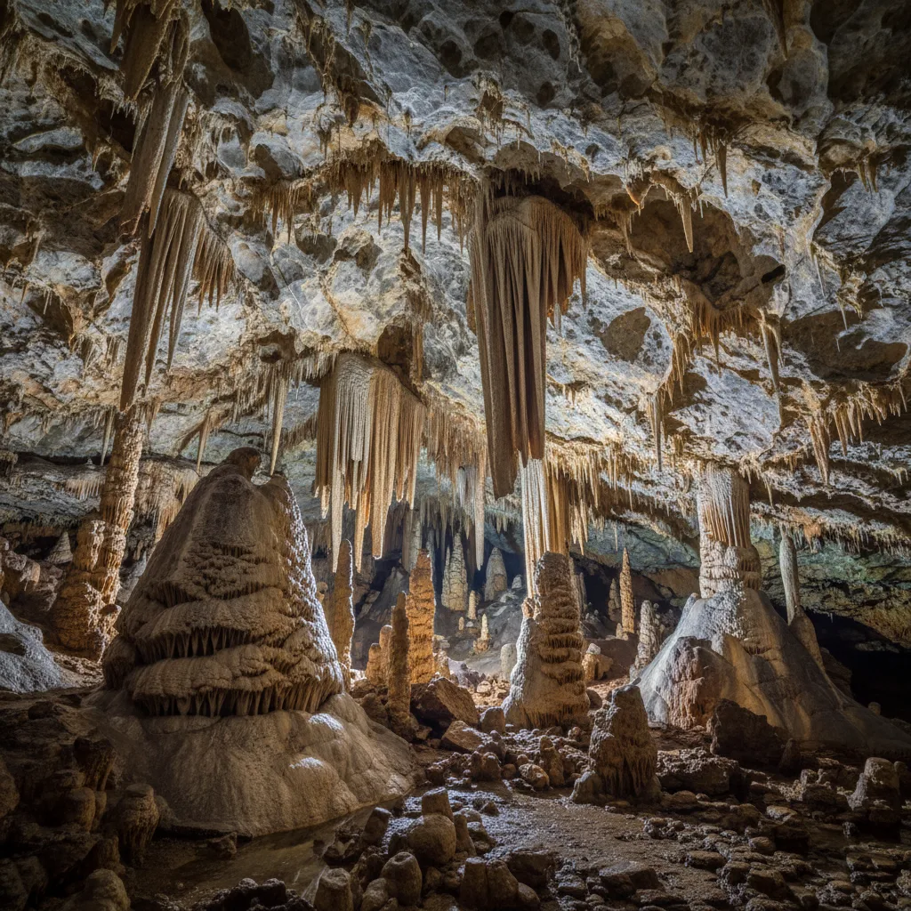 Magnificent stalactites and stalagmites in ancient limestone cave.