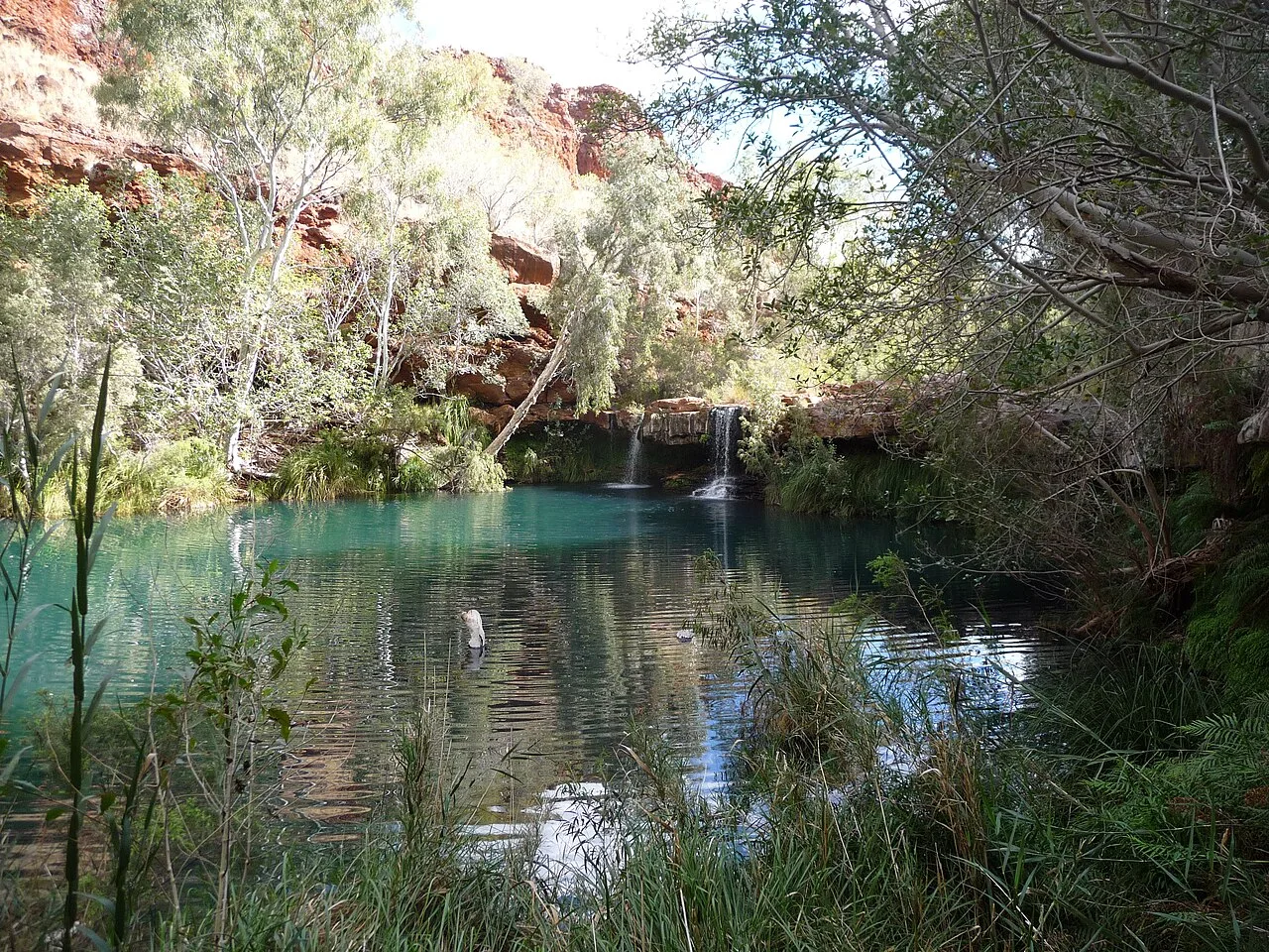 The stunning rust-red gorges and emerald pools of Karijini National Park in Western Australia, showcasing ancient geological formations.