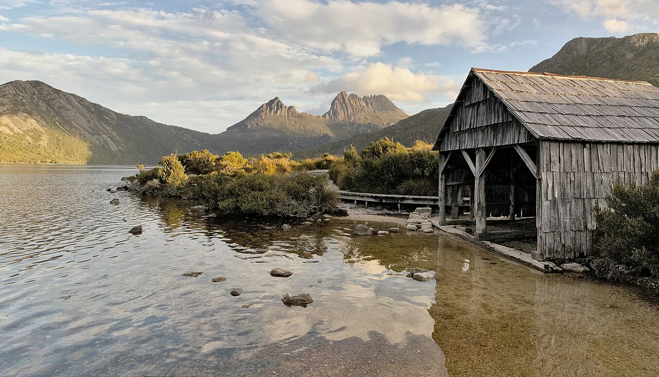 Cradle Mountain reflected in Dove Lake, a famous vista along the Overland Track in Cradle Mountain-Lake St Clair National Park, Tasmania.