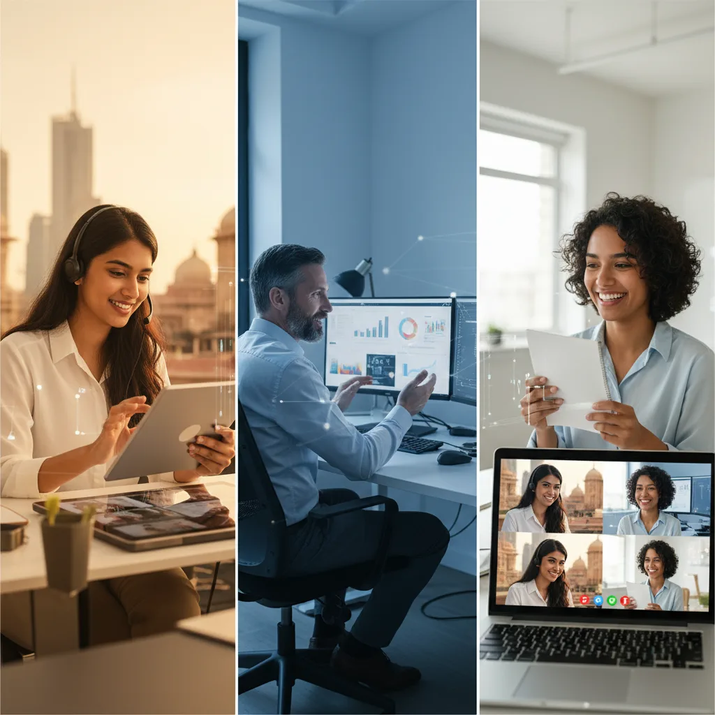 Une équipe mondiale diverse collaborant harmonieusement à travers différents fuseaux horaires.