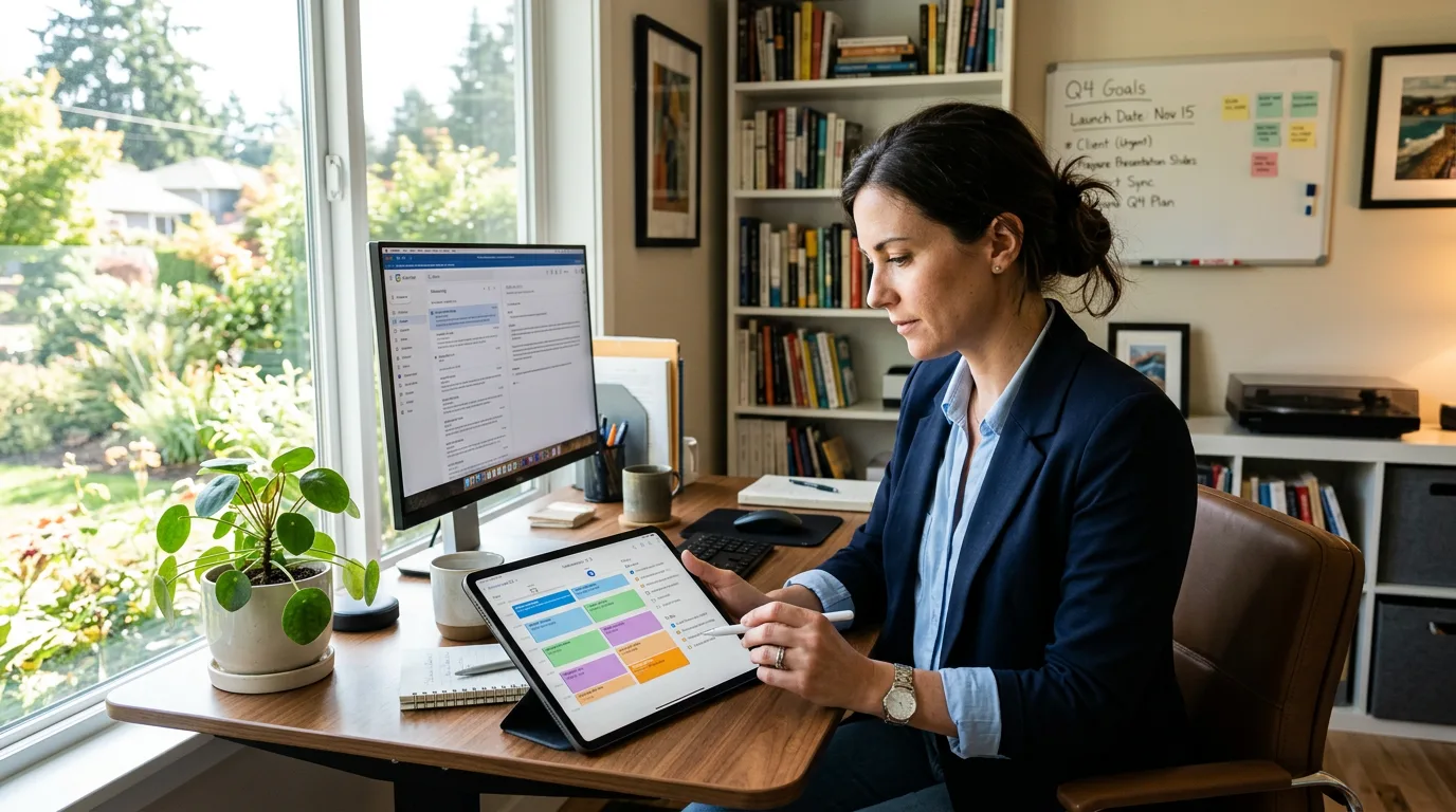 A professional managing a dynamic, AI-optimized schedule on a tablet.