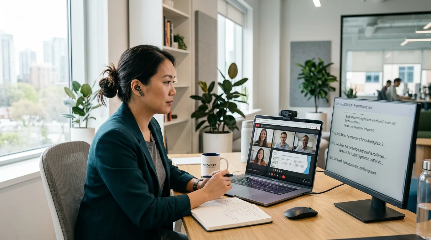 A professional focusing in a virtual meeting, AI transcribing in background.