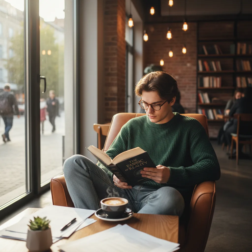 Person deeply engrossed in a quantum physics book, learning.