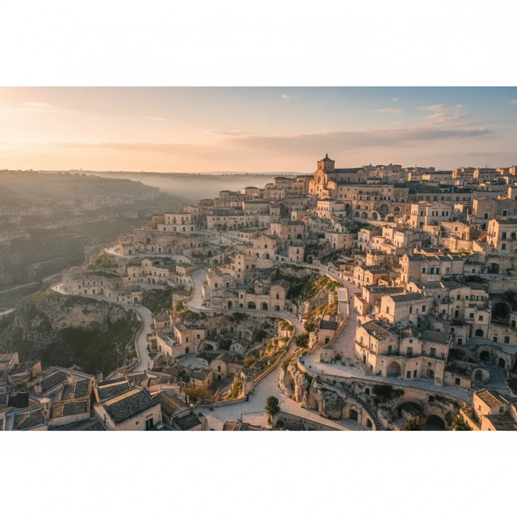 Ancient cave dwellings and labyrinthine streets of Matera, Italy.