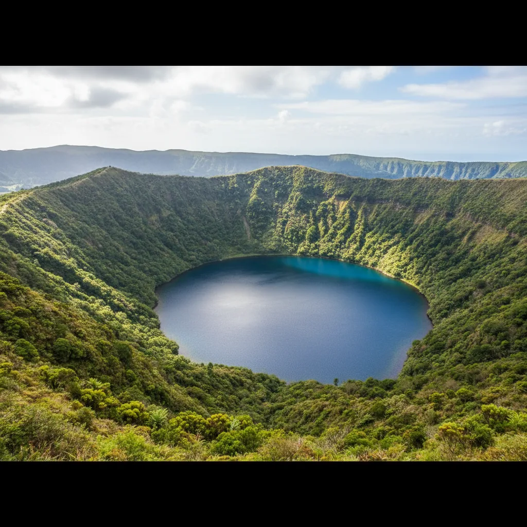 Lush green volcanic crater lake in the Azores, Portugal.