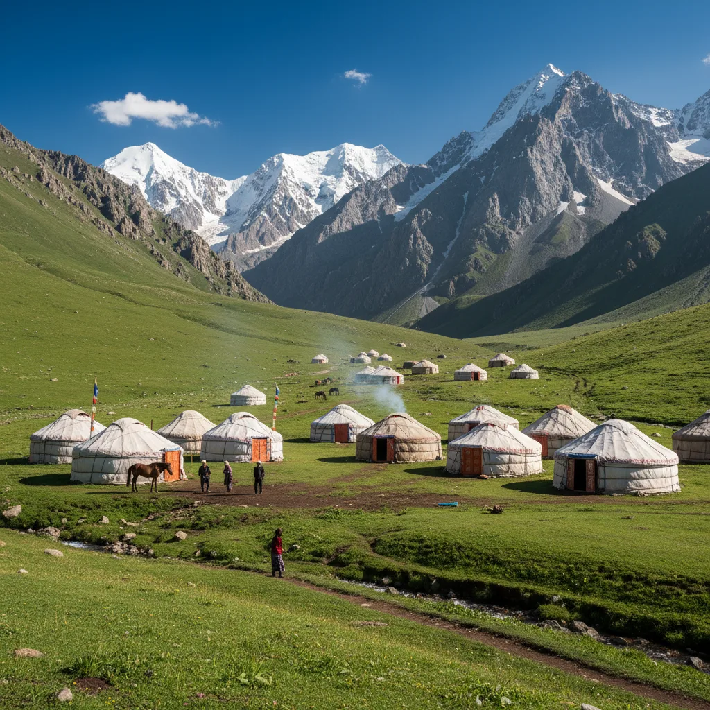 Nomadic yurts in a vast mountain landscape of Kyrgyzstan.