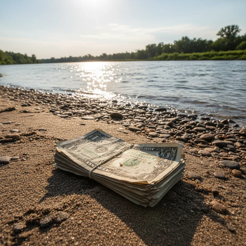 Bundle of old cash partially buried on a riverbank.