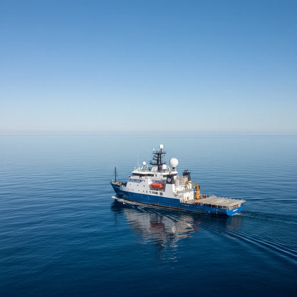 Modern search vessel on the vast Pacific Ocean.