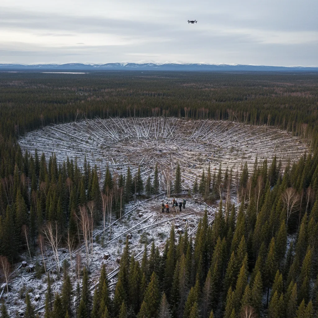 Siberian forest with flattened trees from the Tunguska Event.