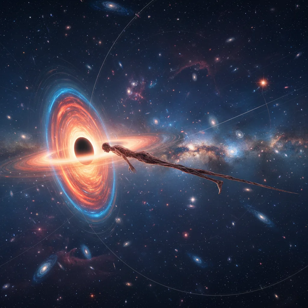 Human figure being stretched by black hole's tidal forces.
