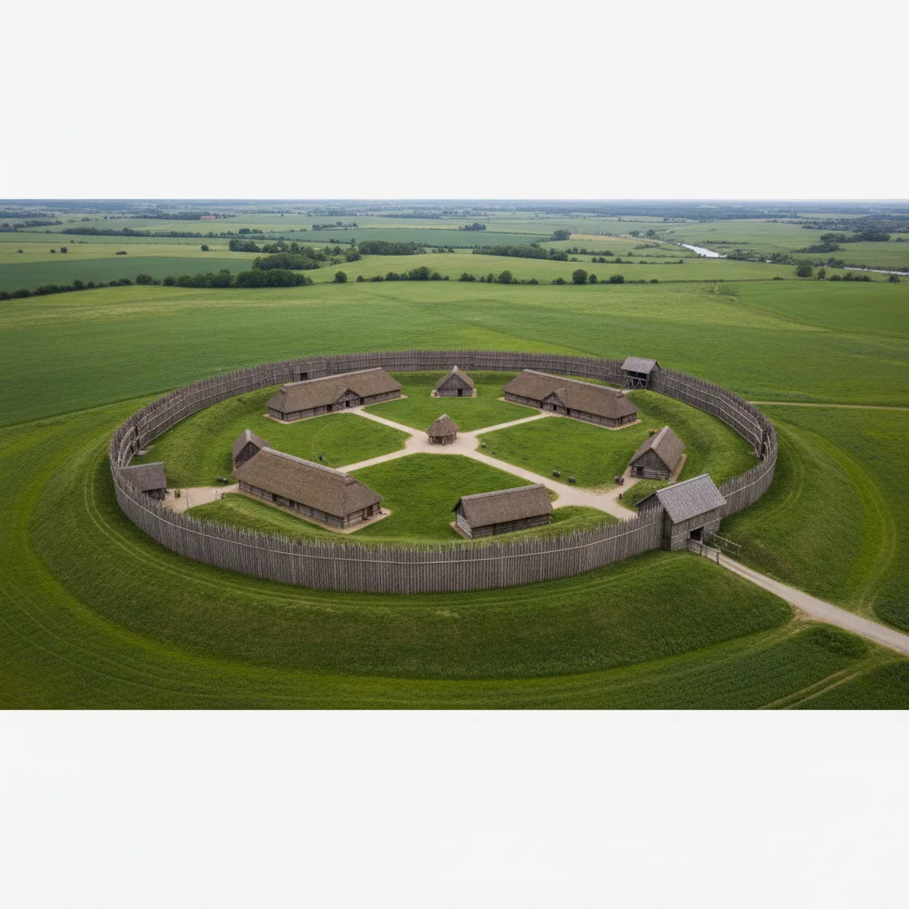 Aerial view of a reconstructed Trelleborg Viking ring fortress.