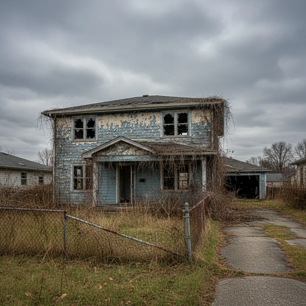 Dilapidated house with peeling paint, overgrown yard, and broken windows.