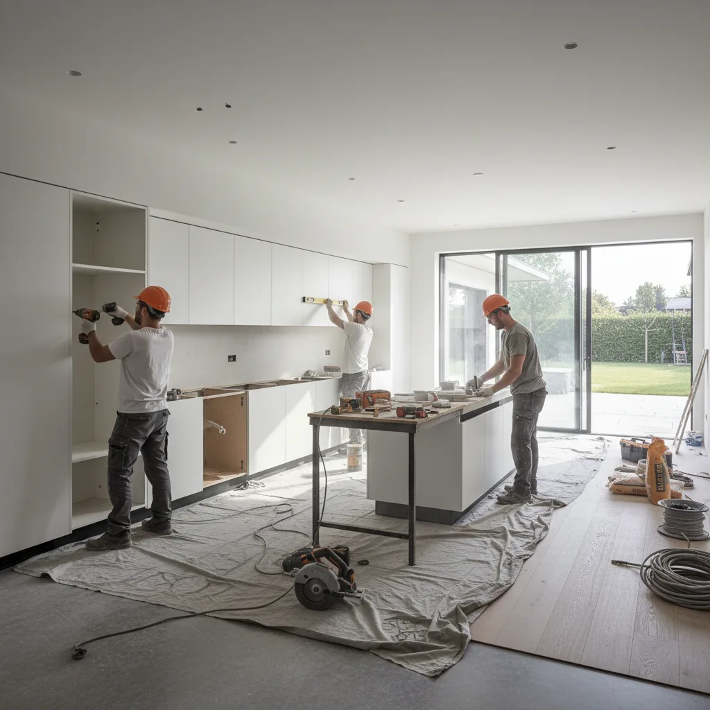 Modern kitchen renovation with construction workers installing new cabinets.