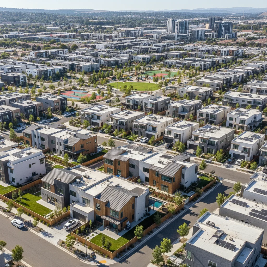 Aerial view of a diverse portfolio of modern residential rental properties.
