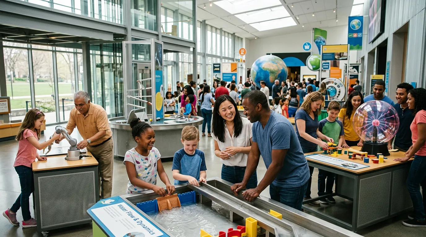 Children and adults actively learning in a modern science museum.