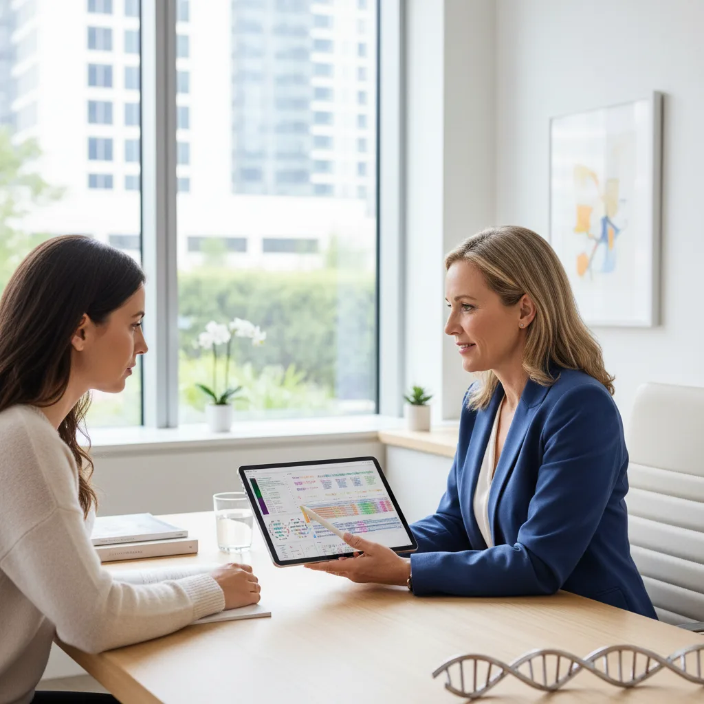 Genetic counselor explains DNA test results to a concerned patient.