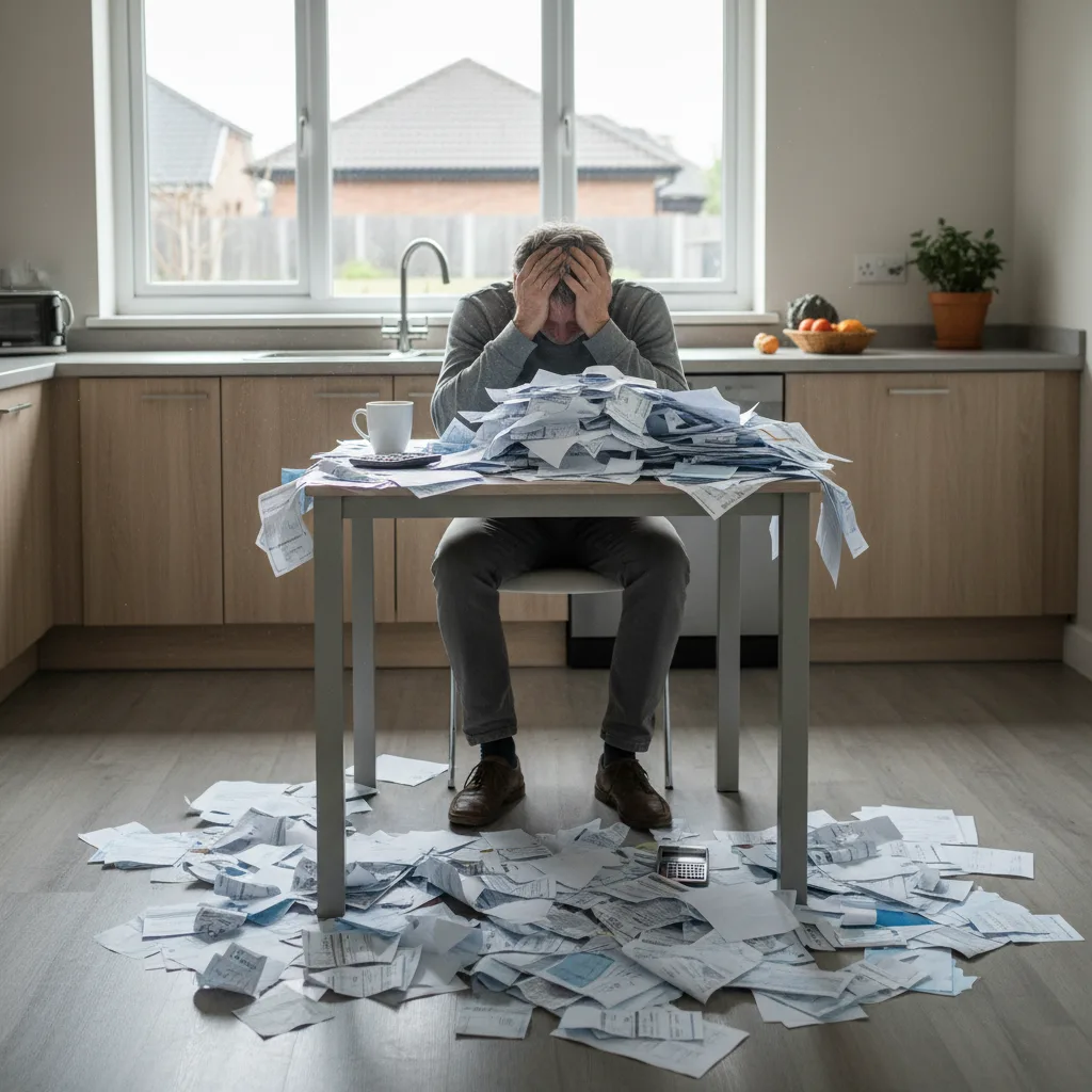 Overwhelmed person looking at medical bills, symbolizing financial stress.