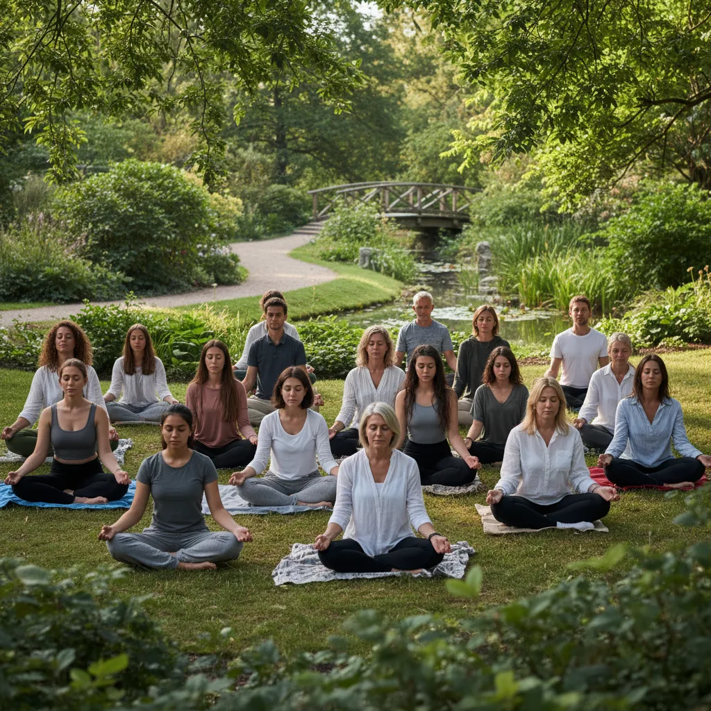 Diverse group practicing mindfulness outdoors.