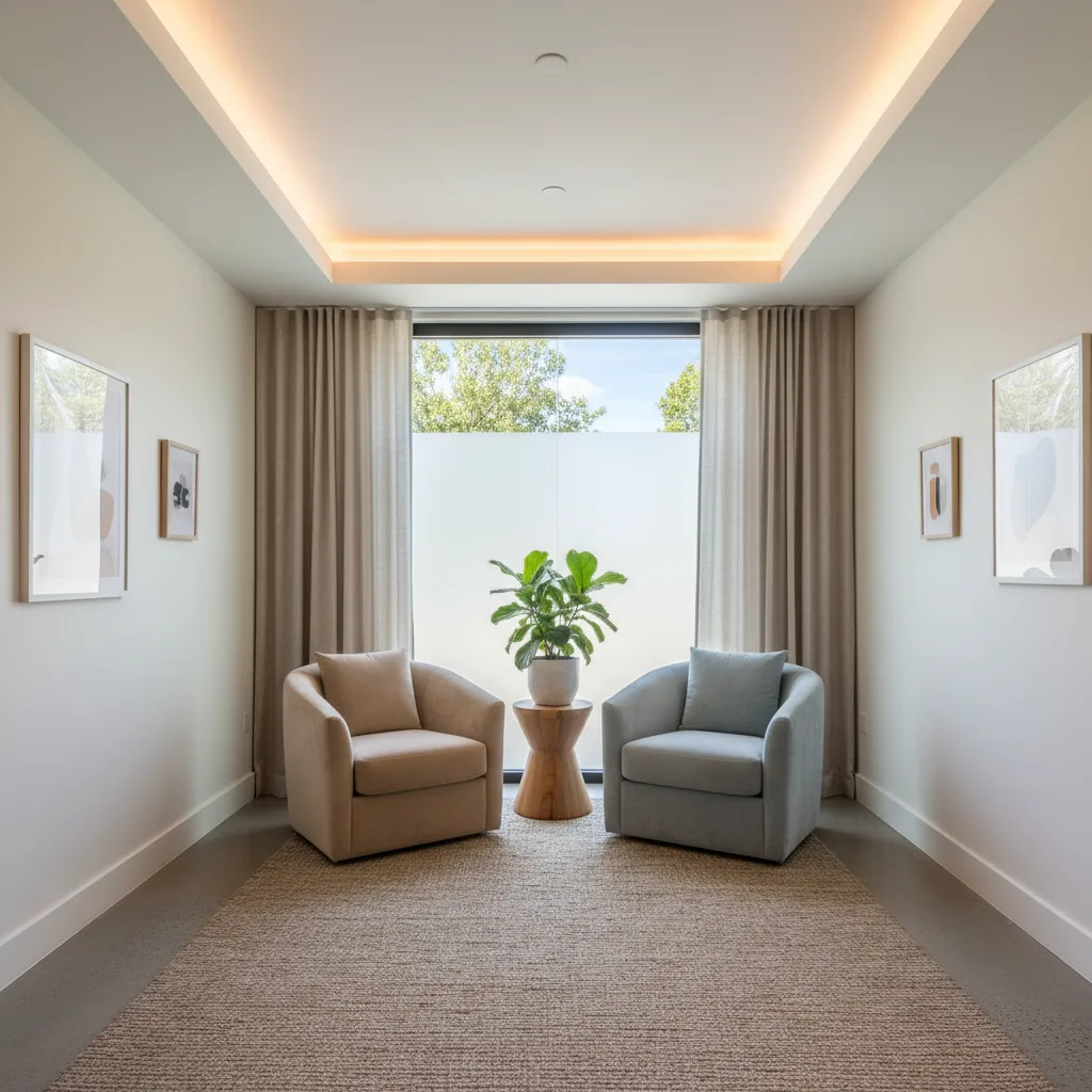 Calm, welcoming modern therapy office interior.