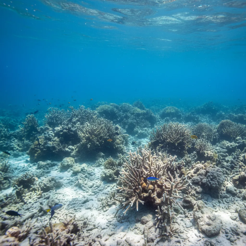Bleached Great Barrier Reef corals, ghostly white.