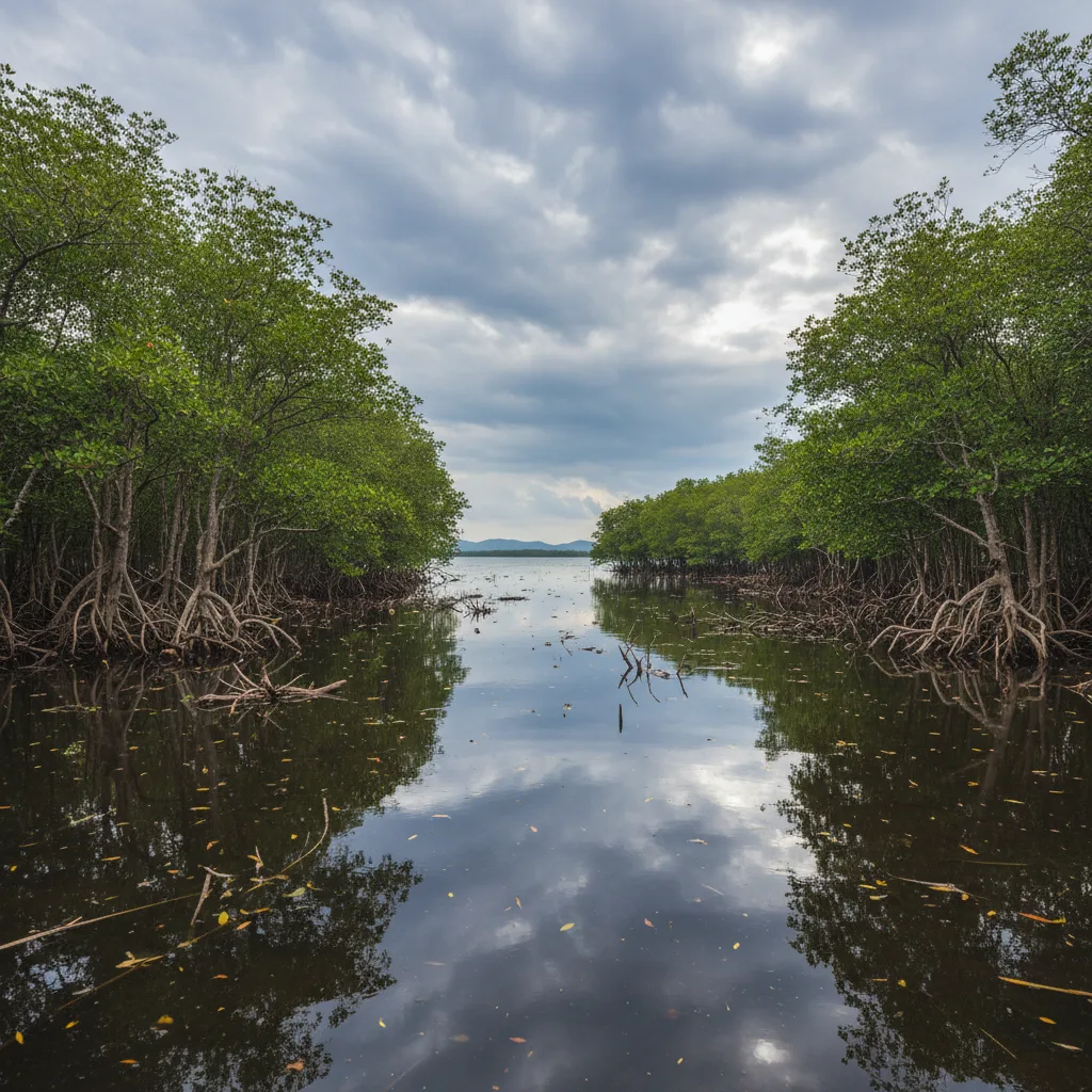 Submerged mangrove forest due to rising sea levels.