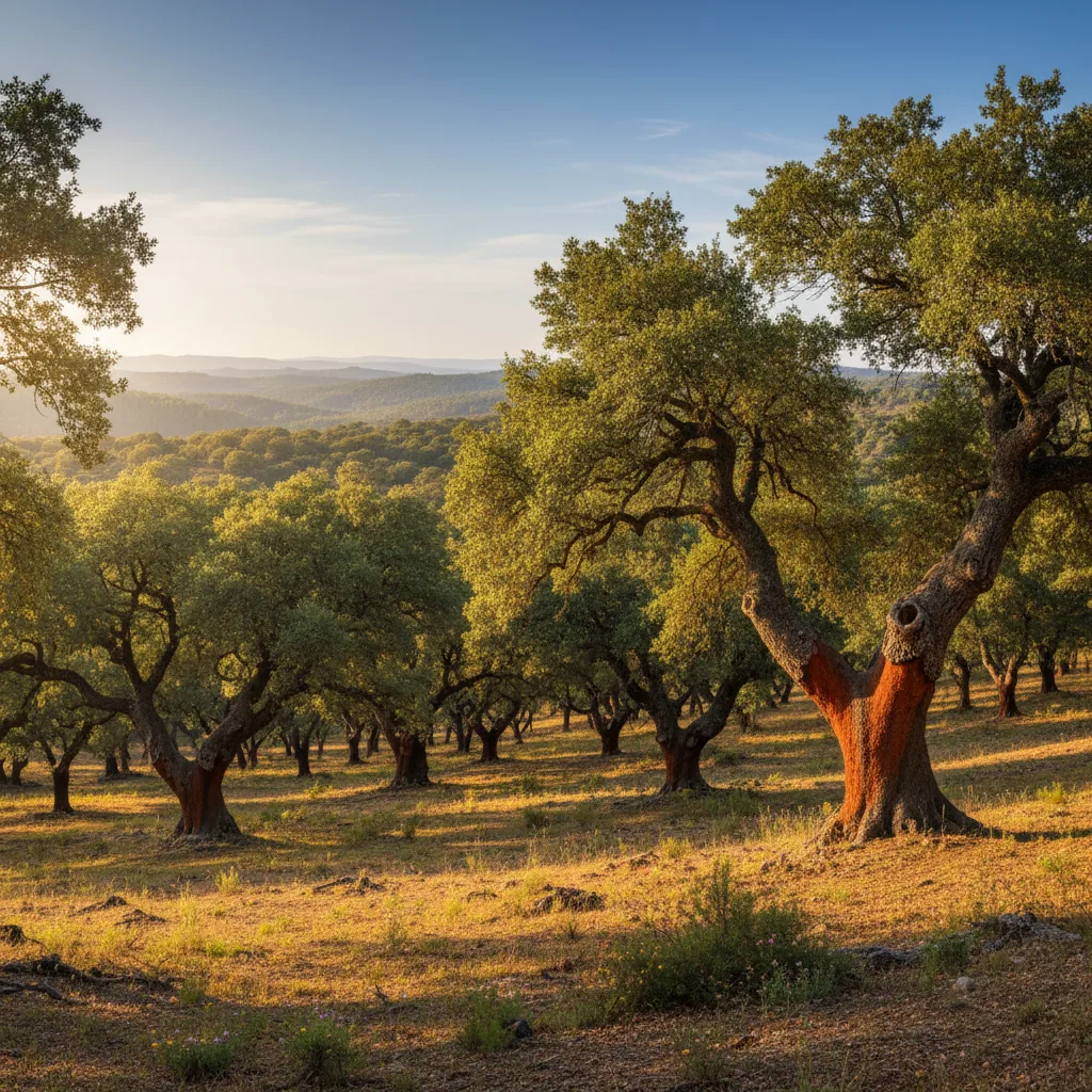 Ancient cork oak forest, bark harvested, Mediterranean landscape.