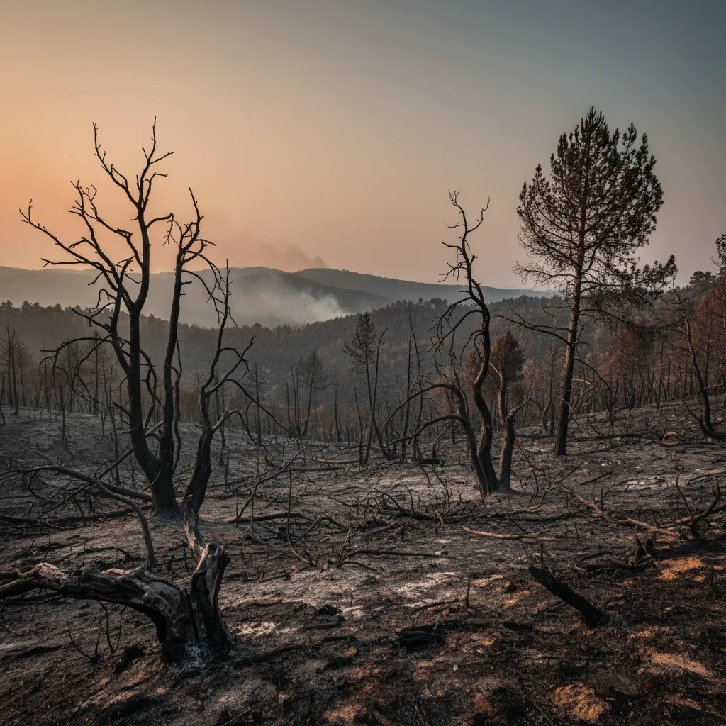 Devastated Mediterranean forest after a severe wildfire.