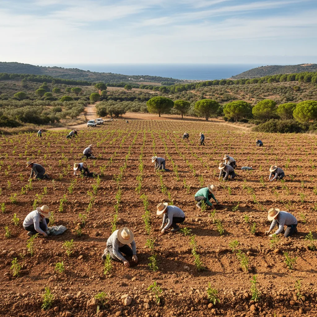 Young trees being planted in a reforested Mediterranean area.