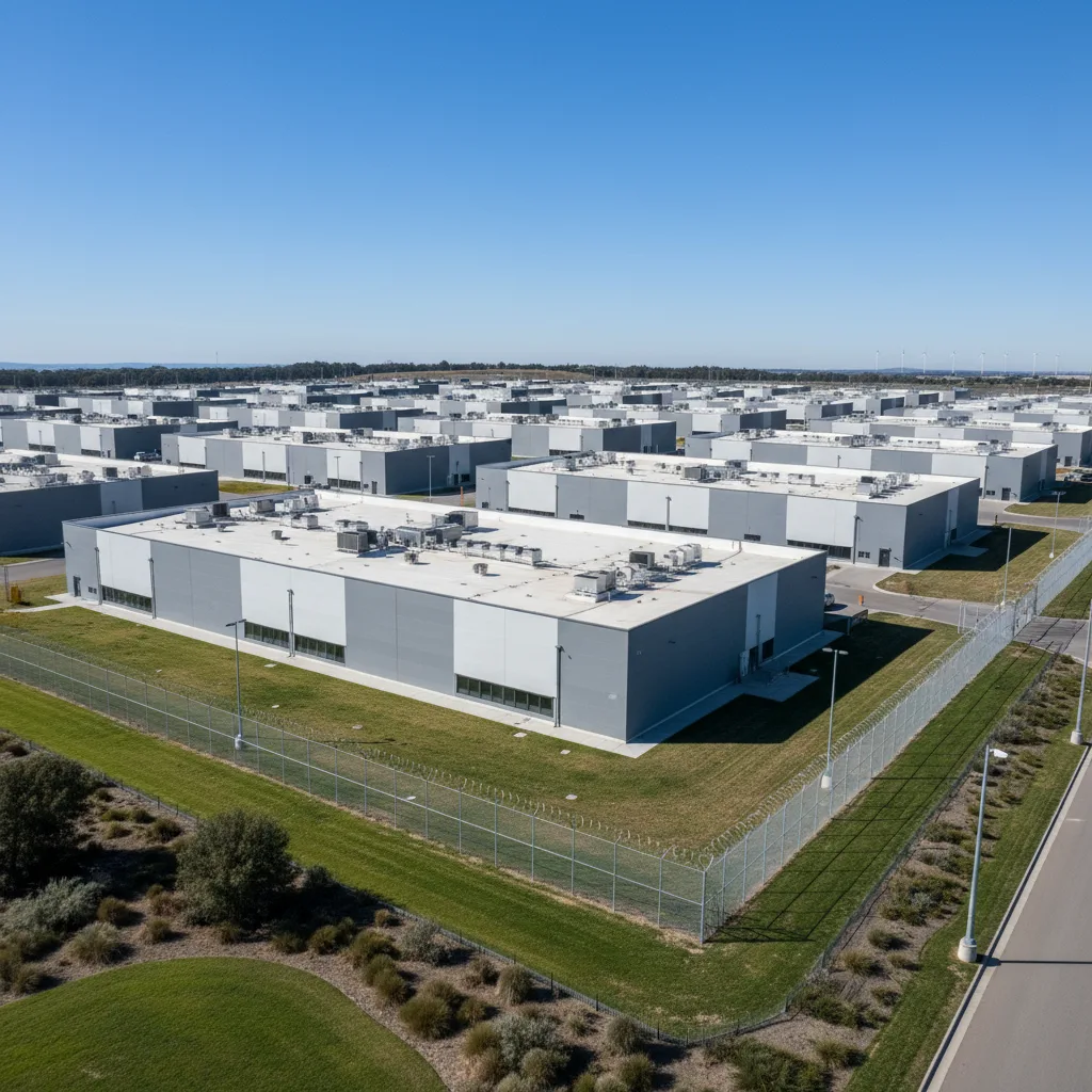 Massive modern data center campus, critical digital infrastructure.