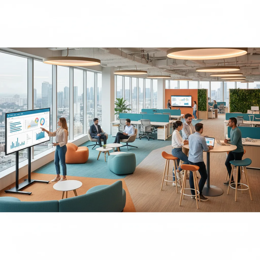 Flexible, collaborative modern office space with diverse workers.