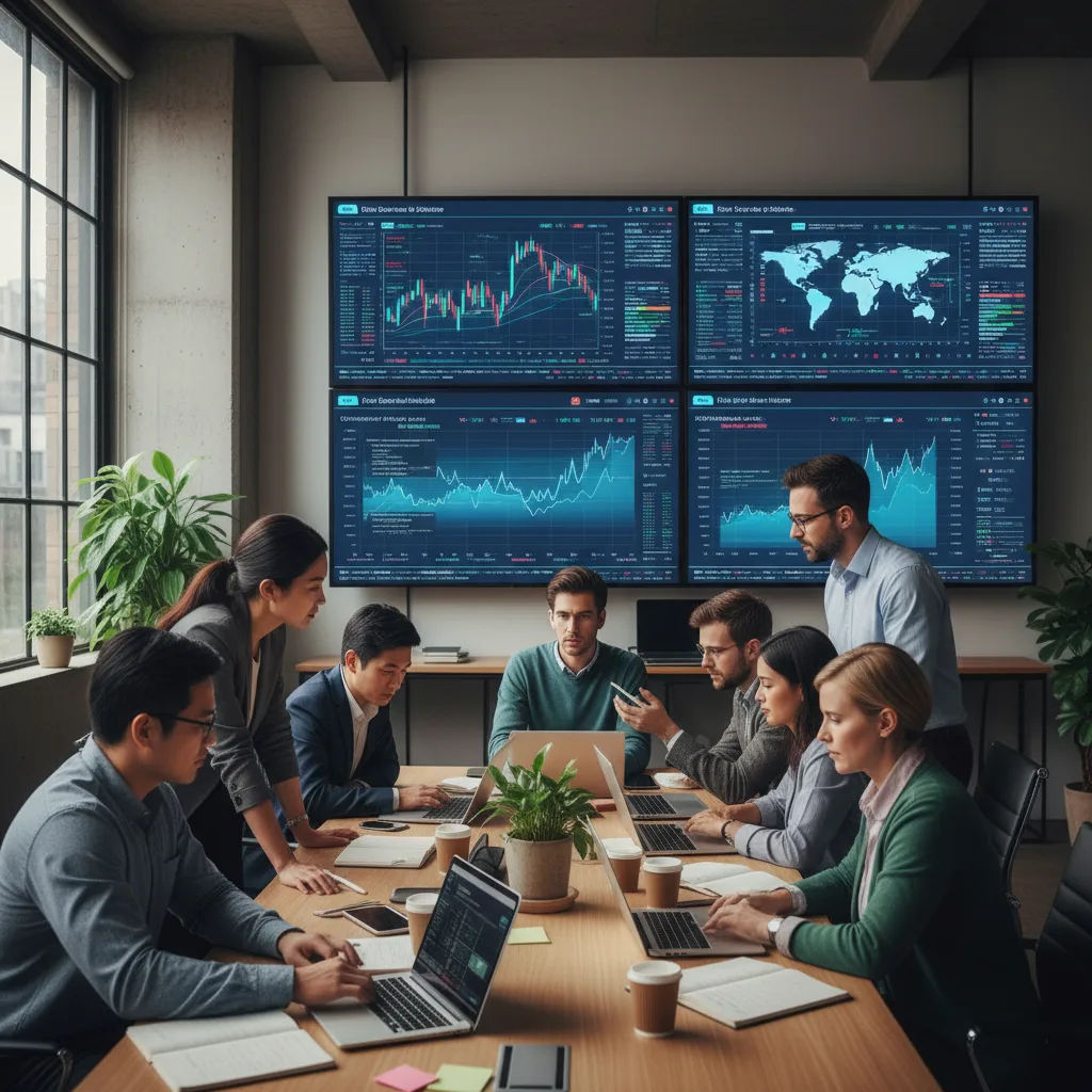 Data analysts using cloud tools for investment insights.