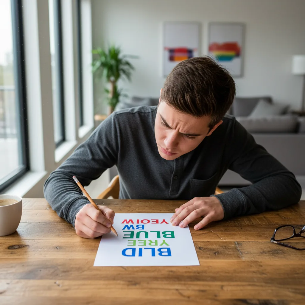 Person struggles to name ink colors of conflicting words.
