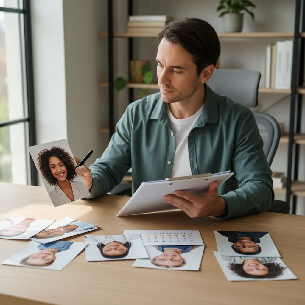 Person rates diverse faces on a clipboard for various traits.