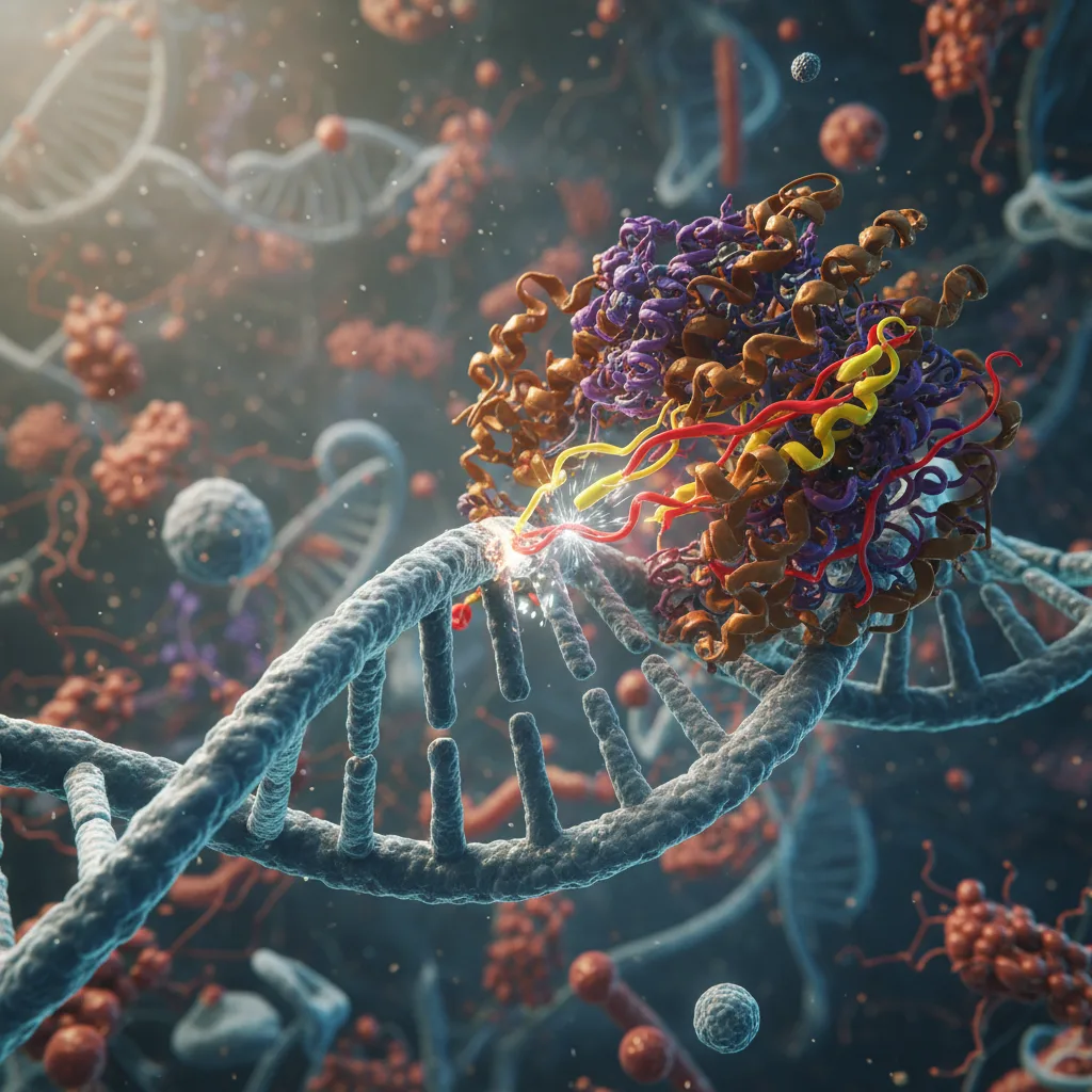 Molecular scissors precisely cutting a DNA strand guided by RNA.