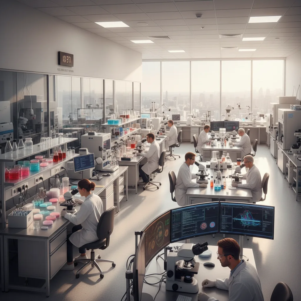 Scientists in a modern lab analyzing cells for CRISPR gene therapy.
