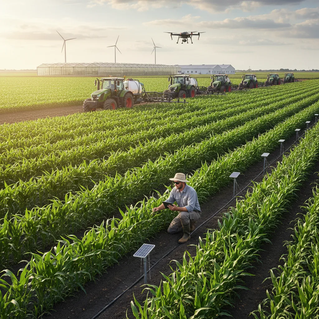 Farmer inspecting healthy, genetically enhanced crops in a sunny field.