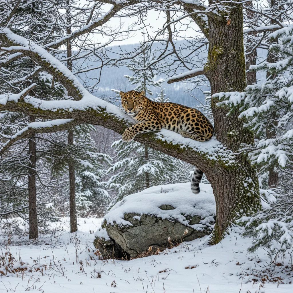 Léopard de l'Amour se reposant dans une forêt enneigée, en danger critique d'extinction.