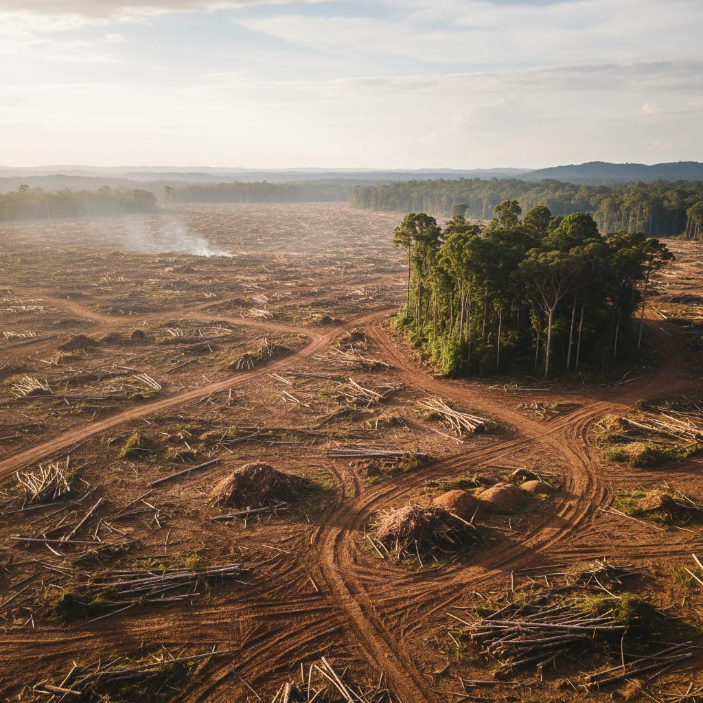 Vaste zone déboisée, arbres abattus, sol exposé, destruction de l'habitat.