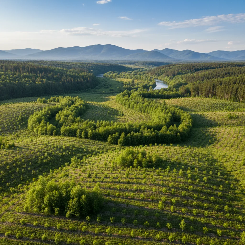 Zone reboisée avec de jeunes arbres, corridor faunique pour la conservation.