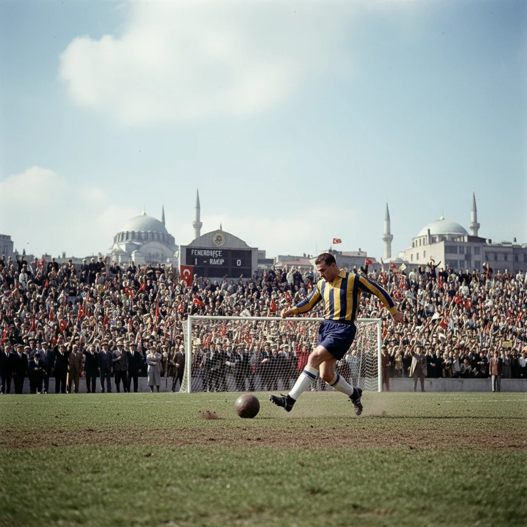 Lefter Küçükandonyadis, Fenerbahçe legend, scoring in 1950s match.