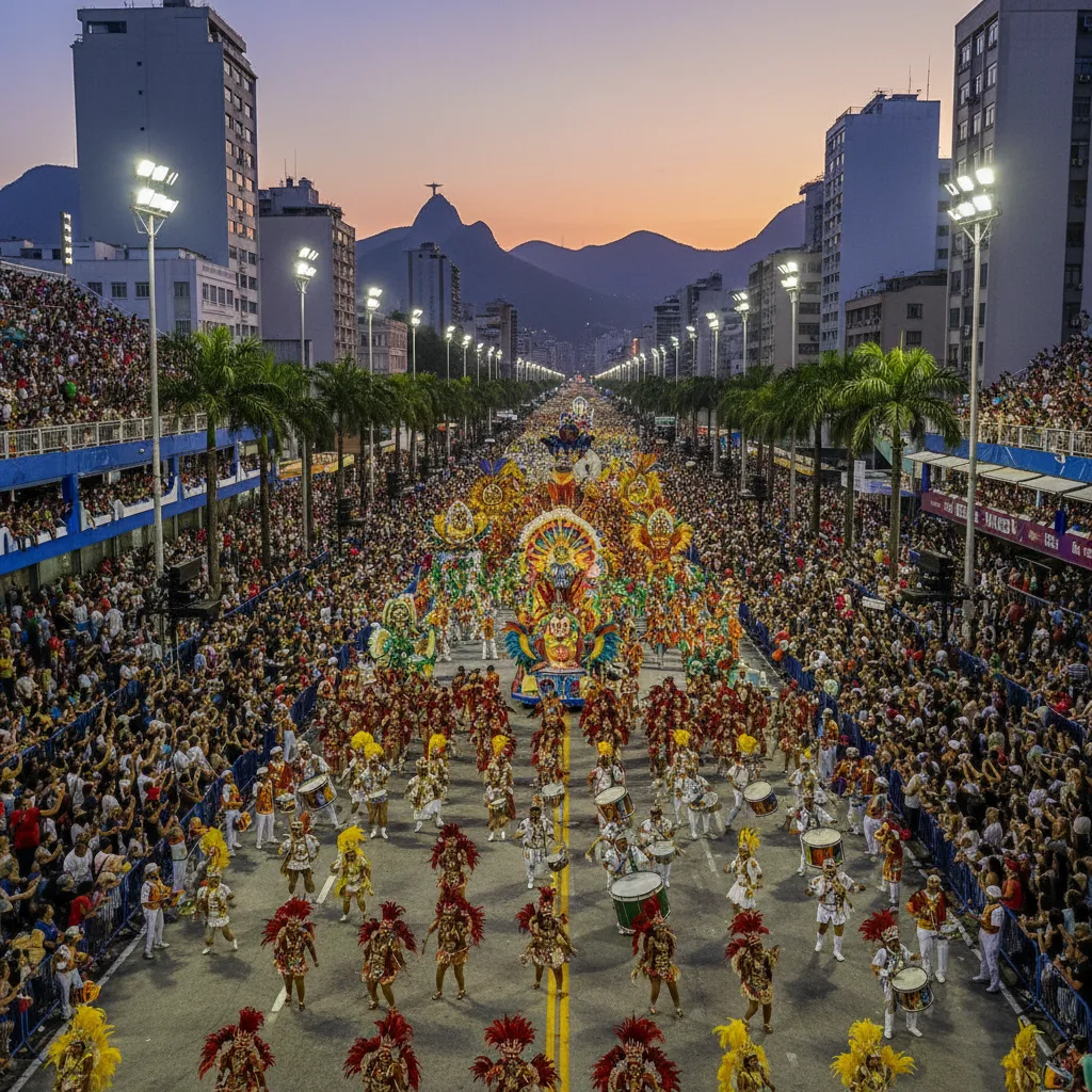 Défilé vibrant du Carnaval de Rio avec des costumes élaborés.