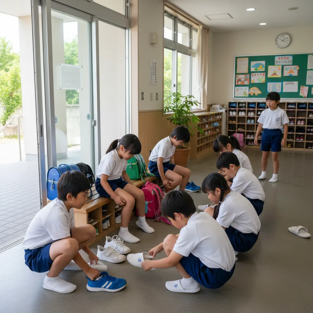 Japanese students respectfully changing shoes at school entrance.