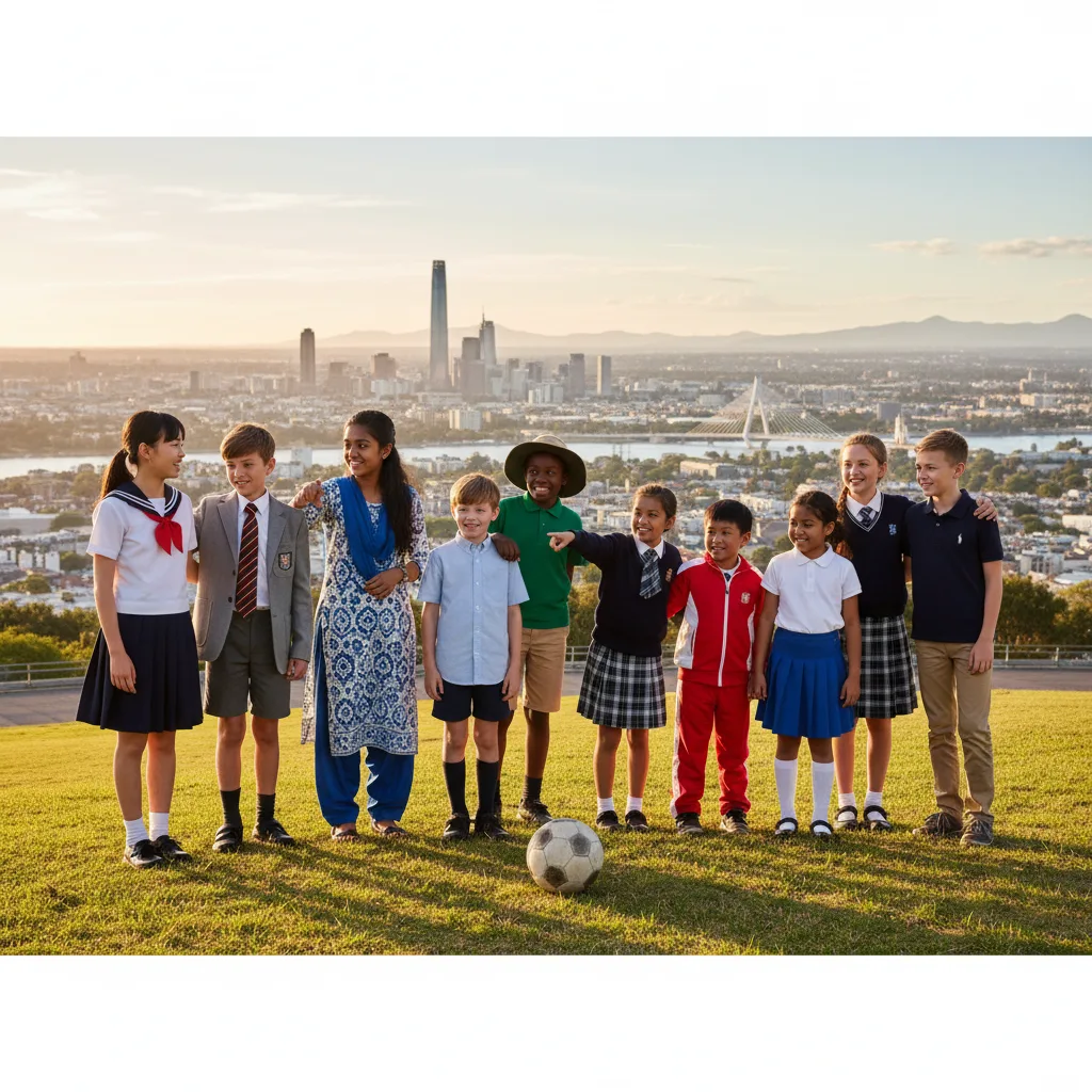 Diverse students from different countries wearing various school uniforms.
