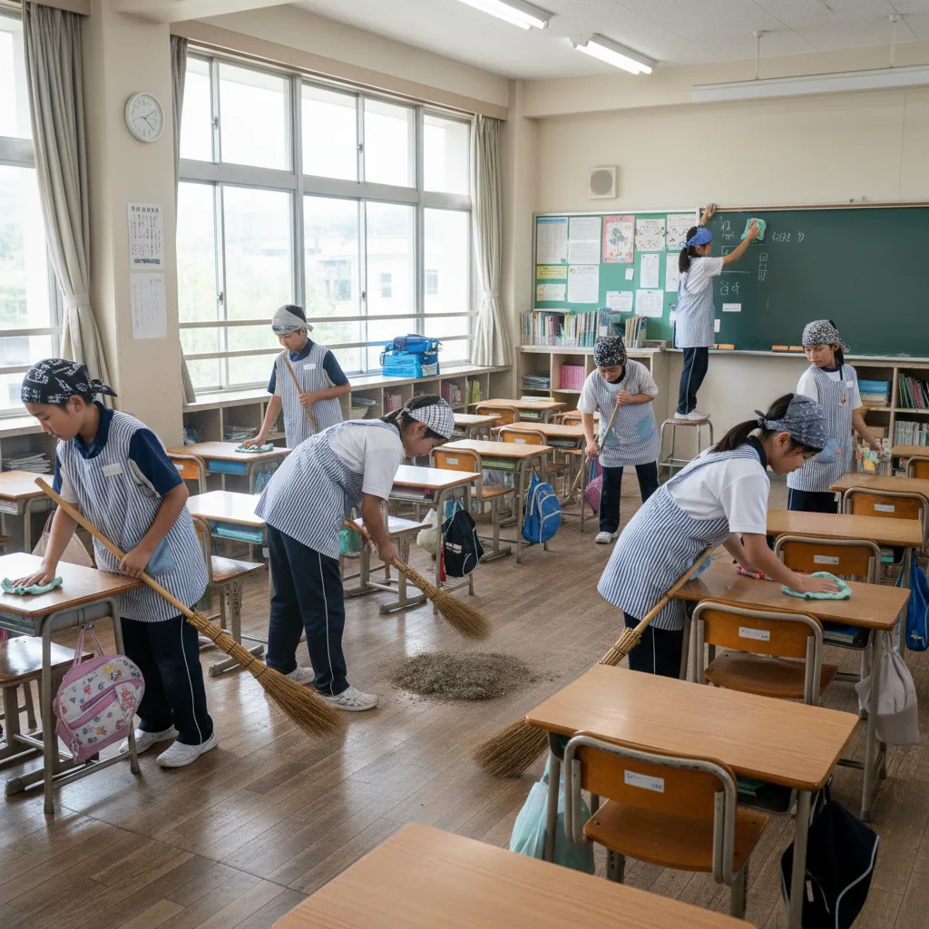 Japanese students diligently cleaning their school classroom together.