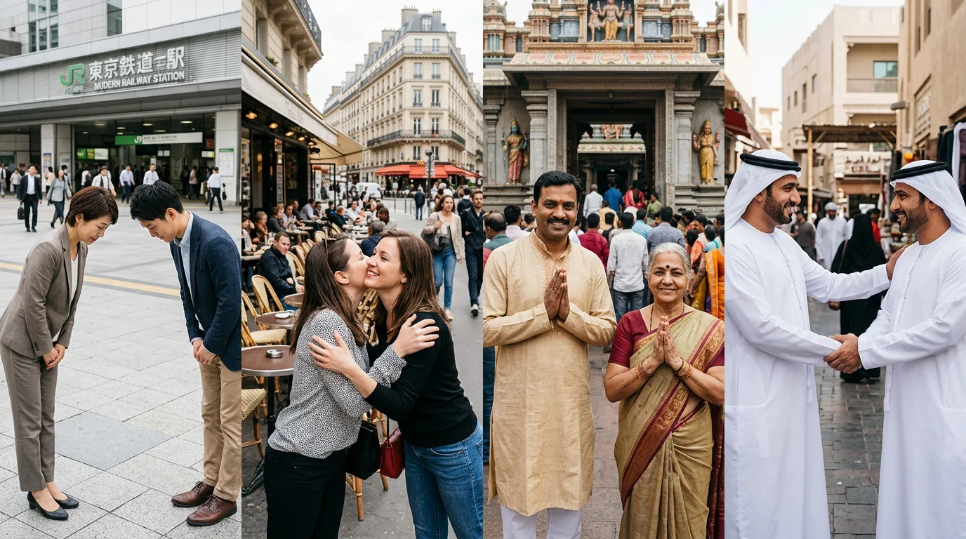 Various cultural greetings: bow, handshake, Namaste, cheek kiss.