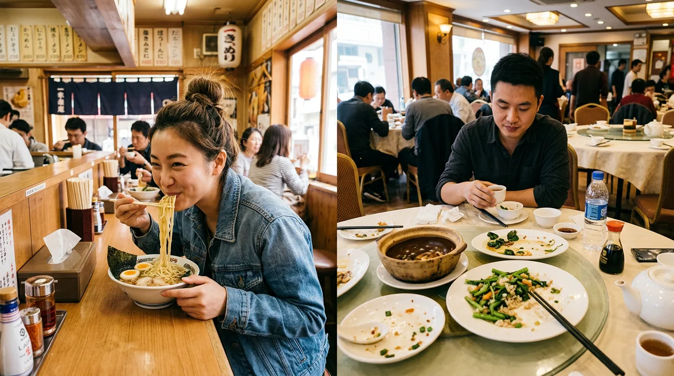 Contrasting dining etiquette: slurping noodles and full plate.