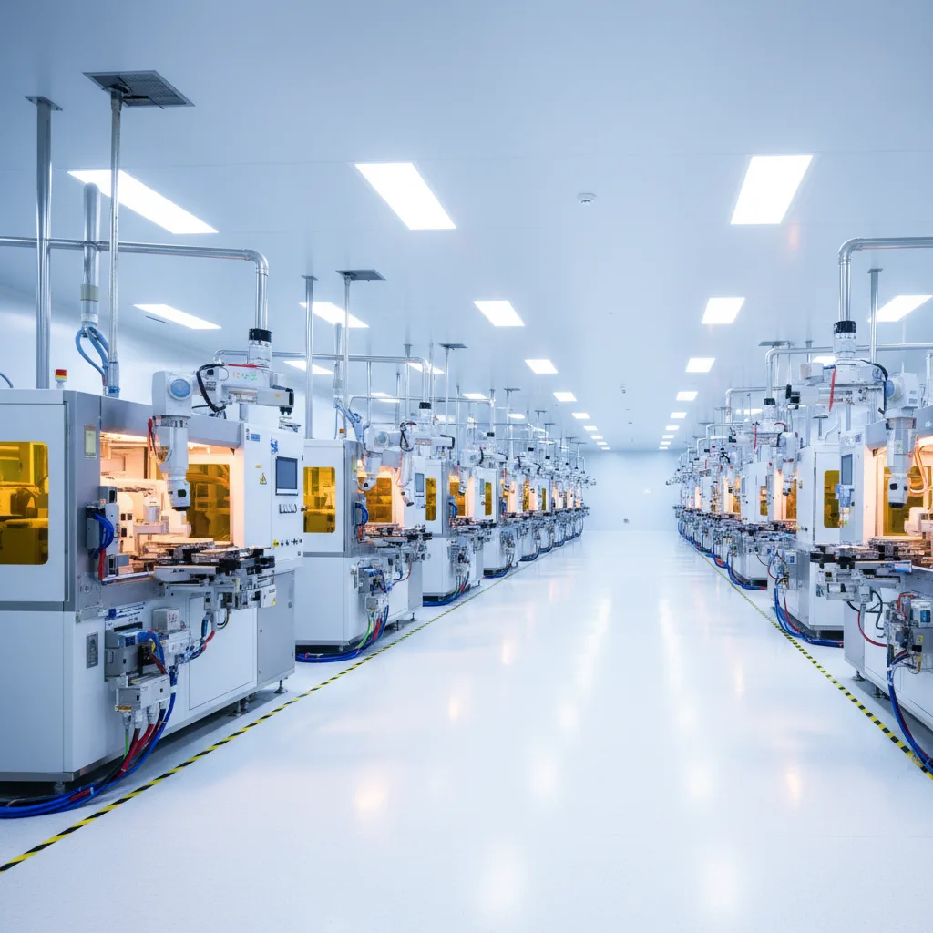 Modern semiconductor factory floor, advanced manufacturing.